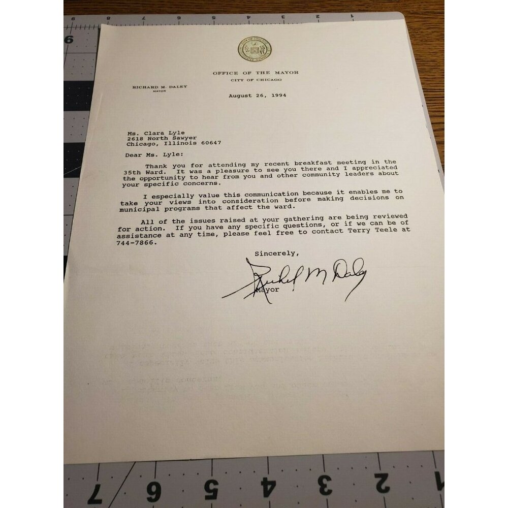 Richard M. Daley hand signed letter on Chicago's Mayor Office Stationary  Aug. 2